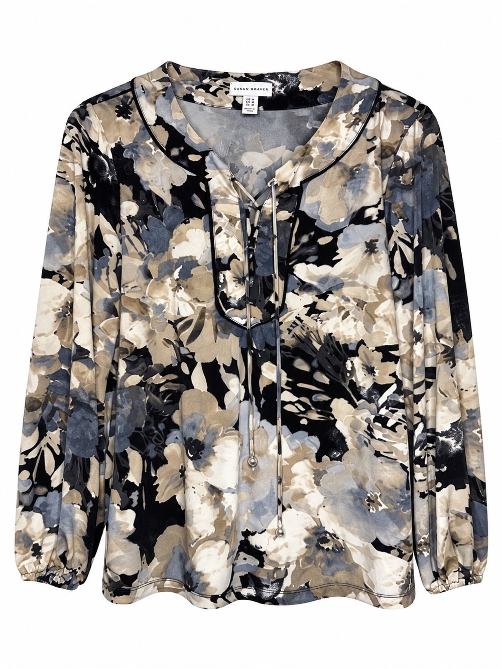 Susan Graver Floral Split Neck Long Sleeve Blouse Size Medium